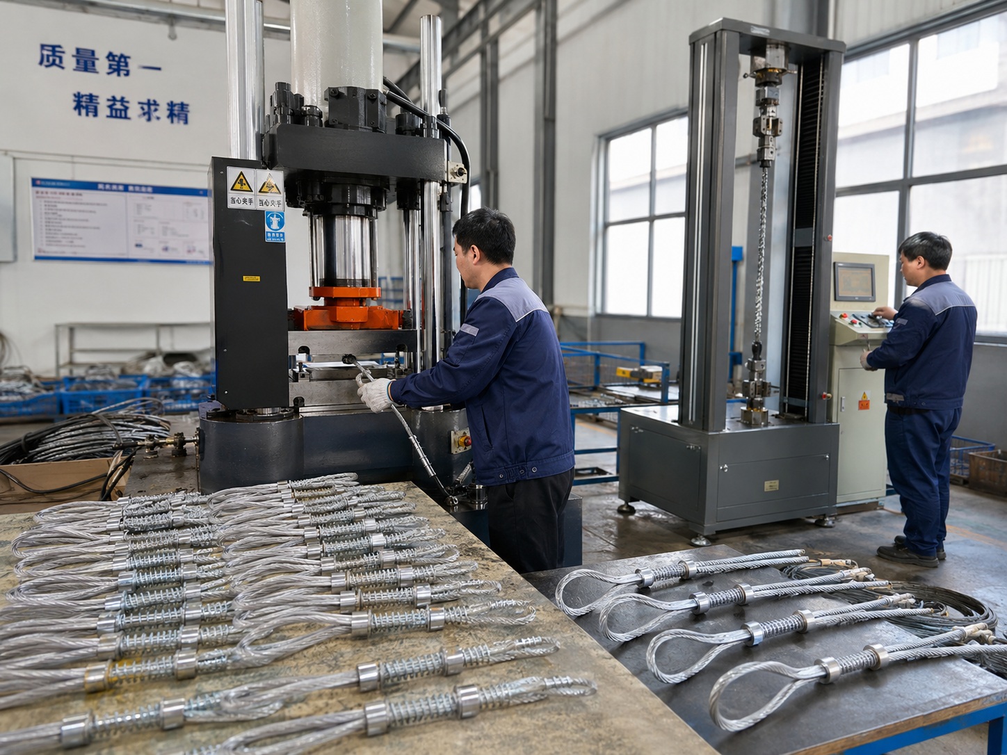 Wire rope assembly factory in China with hydraulic swaging press and pull testing machine